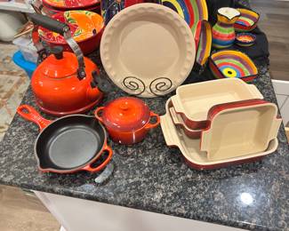 Le Creuset tea pot, skillet, Pie plate, and baking dishes