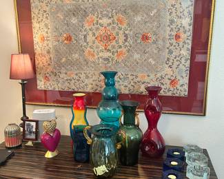 Antique Framed Tapestry and Blenko Glass