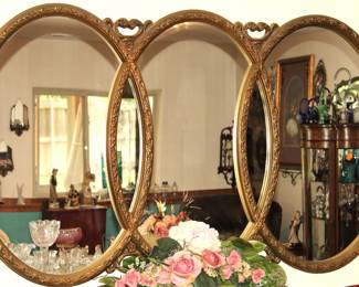 Large Gold French Hollywood Regency Triptych Interlocking Oval Mirror
