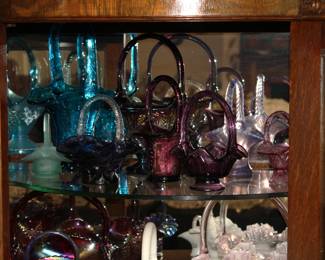 Carnival Glass, Fenton, Milk Glass and Crystal Baskets.