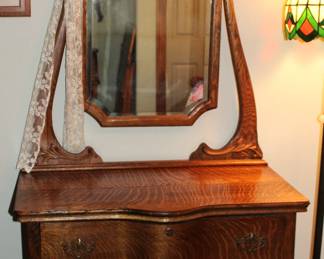 Antique Tiger Oak Dresser W/ Large Beveled Mirror