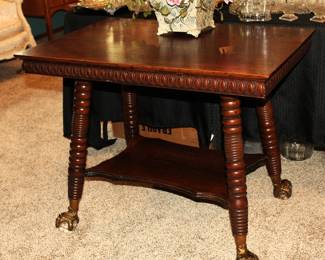 Antique Merkin Oak Library Table W/ Claw Bronze Feet