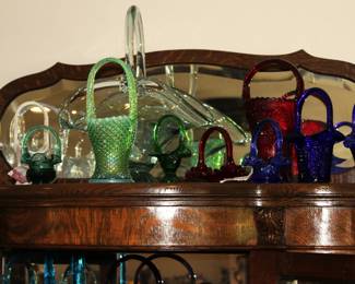 Carnival Glass, Fenton, Milk Glass and Crystal Baskets.