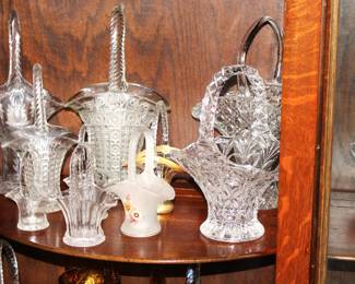 Carnival Glass, Fenton, Milk Glass and Crystal Baskets.
