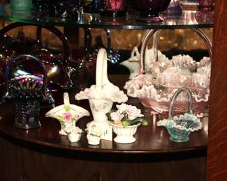 Carnival Glass, Fenton, Milk Glass and Crystal Baskets.