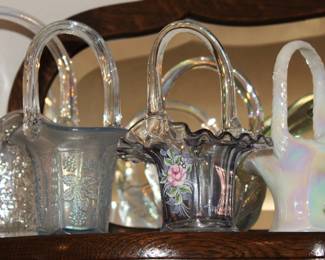 Carnival Glass, Fenton, Milk Glass and Crystal Baskets.
