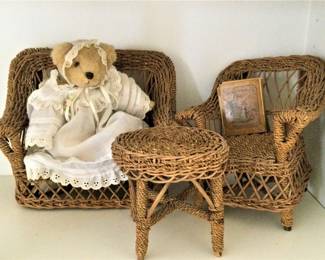 Vintage Miniature Wicker and Bear