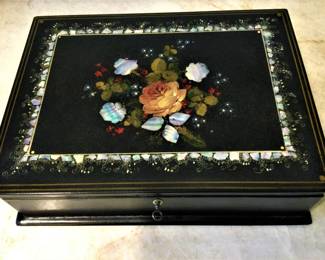 Late 19th Century Black Lacquered Box w Abalone Inlay