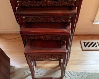 Antique hand carved Asian wood Nesting Tables