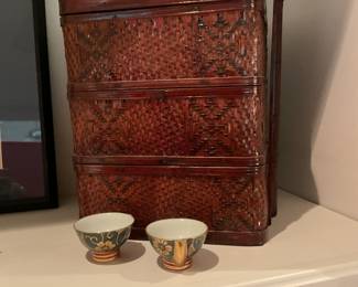 Vintage tiered rattan picnic basket