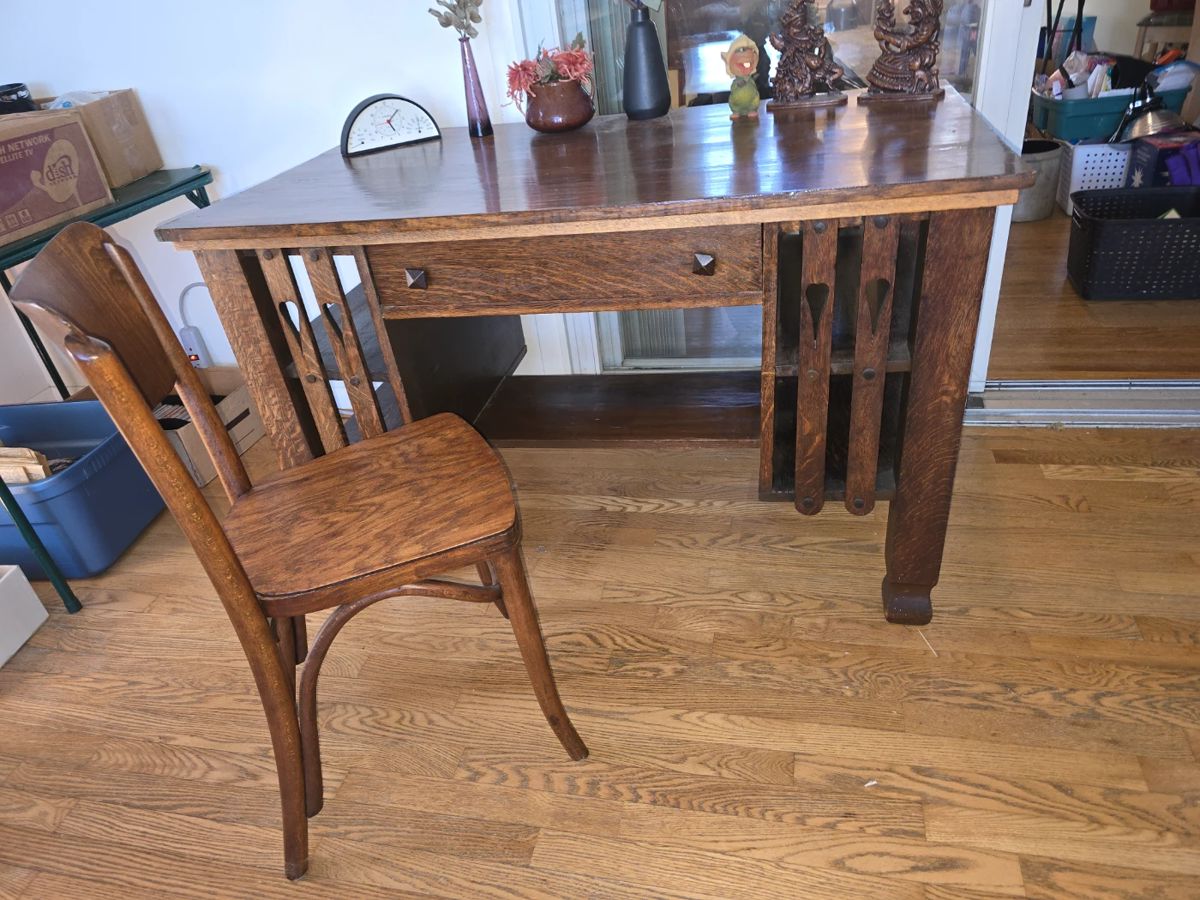 This gorgeous desk is made in Indiana. The vintage bentwood chair makes a nice partner.