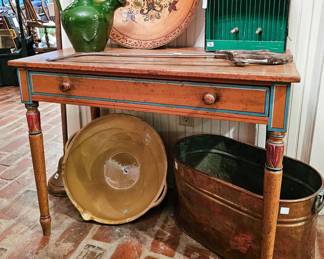 Early American painted pine table, Norwegian tole rice pan
