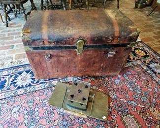 18th c. carriage foot warmer, early leather trunk