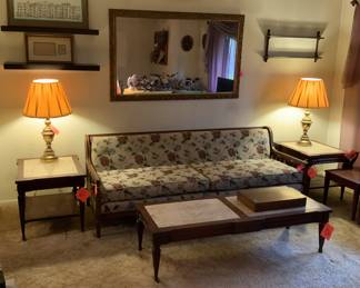 Vintage 1970s sofa, matching coffee table and end tables.