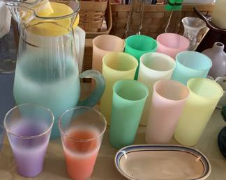 Vintage frosted glass and Tupperware 1960s tumblers.