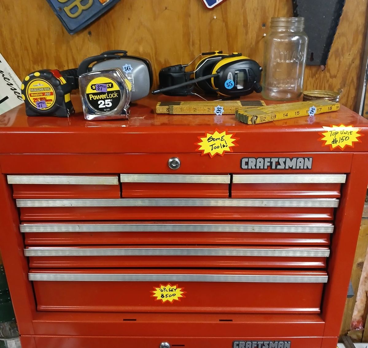 The 3 Craftsman tool boxes are available separately or as a set. This top unit includes a couple drawers of tools.