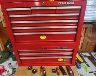 The 3 Craftsman tool boxes are available separately or as a set. The top unit includes a couple drawers of tools, middle unit is empty.