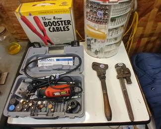 Dremel set and huge accessories kit. Antique wrenches.