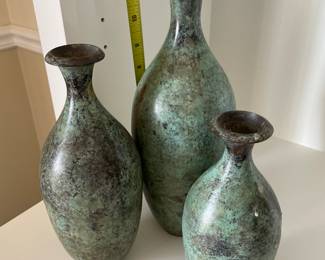 Set of 3 vintage metal/brass verdigris patina art vases.