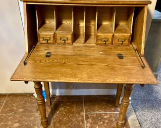 Cottage Oak Drop-Front Secretary Desk.