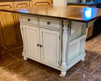 2-Drawer Drop Leaf Kitchen Island Table. W 42" x L42" x H 36". Expands Fully to 66".