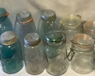 Vintage Assortment of Mason Jars With Glass Zinc Lids Plus More