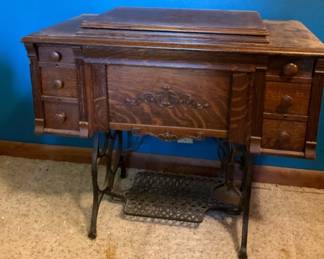 Vintage Old Homestead Treadle Sewing Machine in Cabinet with Attachments