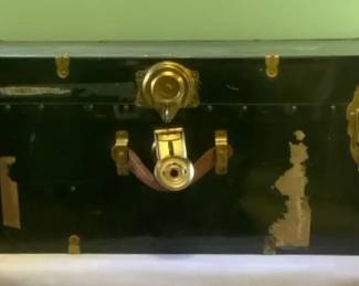 Vintage Metal Steamer Trunk Green With Leather Handles
