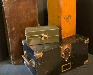 Vintage Cole Metal Money Cash Box with Keys, Wooden Trunk More