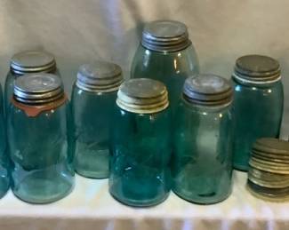 Vintage Blue Glass Ball 3L Logo Canning Jars With Zinc Lids Plus More