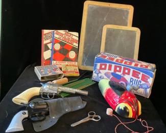 Vintage DIPPEE BUG In Box, Slate 2 Sided Chalk Boards, Cap Gun More