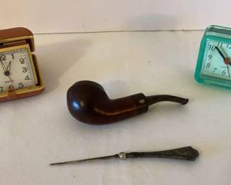 Victorian Letter Opener, VTG GBD Pipe, VTG Alarm Clocks