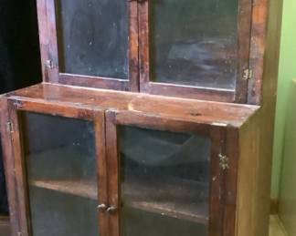 Old Small Vintage Wooden 4 Glass Door Hutch 