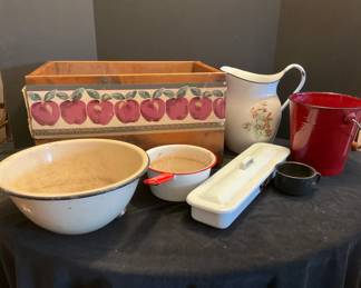 Wooden Box with Enamelware 