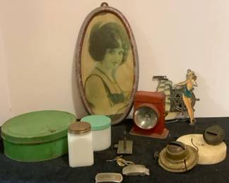 Assorted Vintage Pieces Skeleton Key Lock, Metal Picture Frame, Belt Buckles  More