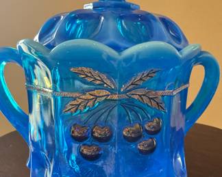 Vintage Westmoreland Blue Gilded Cherry Biscuit Jar