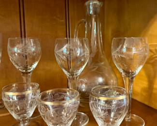 3 Princess House gold rimmed drink glasses and Vintage Etched wine decanter with wine glasses