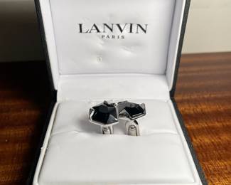 LANVIN RHODIUM PLATED CUFFLINKS WITH FACETED ONYX