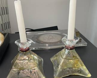 PR OF WILLSEA O'BRIEN HANDBLOWN GLASS ART CANDLESTICK HOLDERS