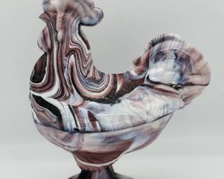 Slag glass lidded rooster candy dish