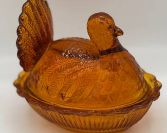 Vintage Glass Turkey Nesting Candy Dish Amber