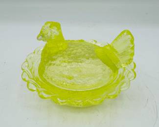 Miniature hen on nest uranium glass