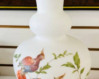 Vintage Satin Frosted White Glass Vase Pheasants,Birds, 11"