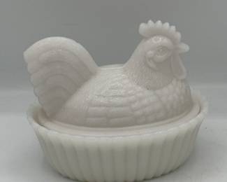 Vintage milk glass hen on nest