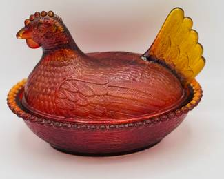 Vintage amber Glass hen on nest