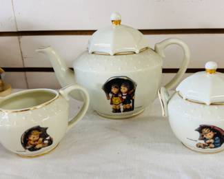 Hummel tea pot, sugar, and creamer