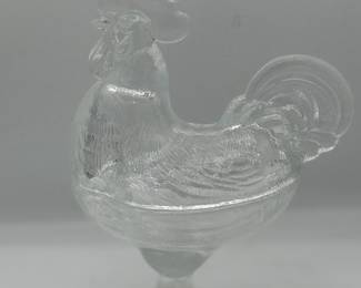 Clear rooster, LIDDED candy dish
LE Smith