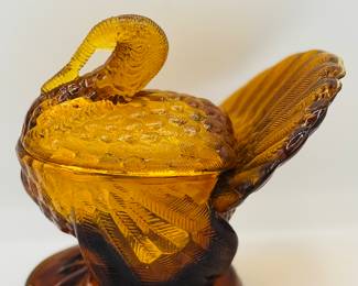 Vintage LE Smith Glass Co. USA Amber Glass Turkey Candy Dish with Lid