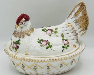 Hand painted milk glass hen on nest