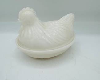 Hazel Atlas Hen on Nest White Translucent Milk Glass Opalescent Candy Dish